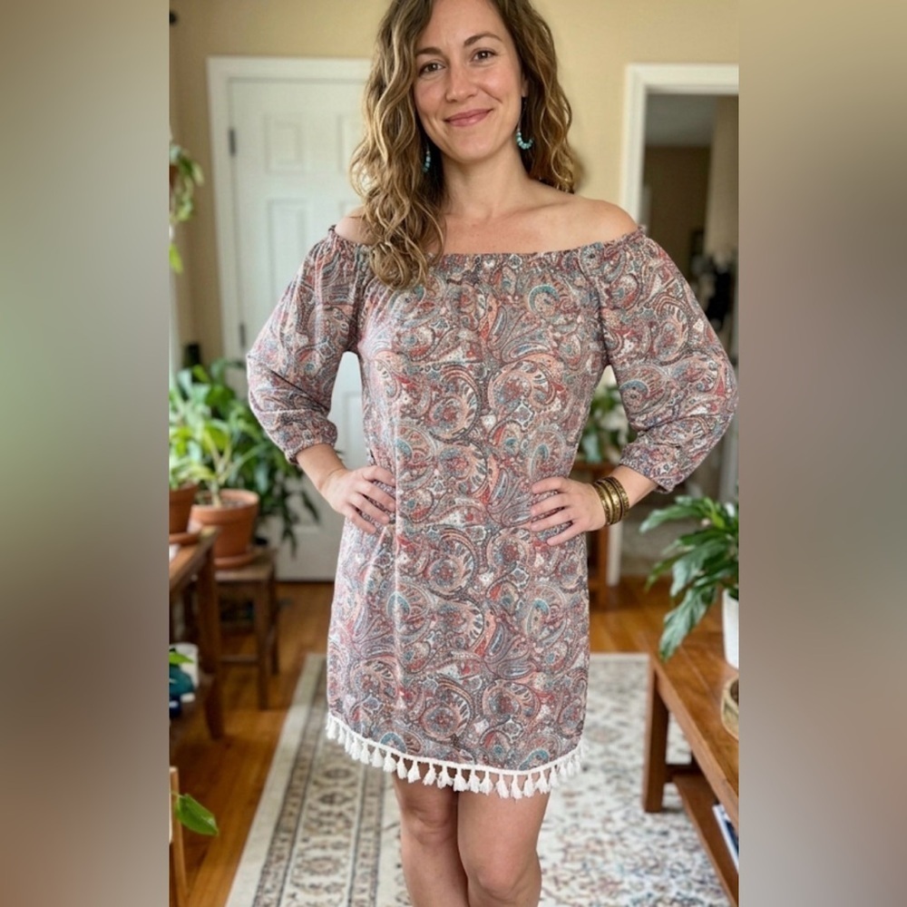 Altar'd State Multicolor Paisley mini Dress with cream fringe along hem - Medium